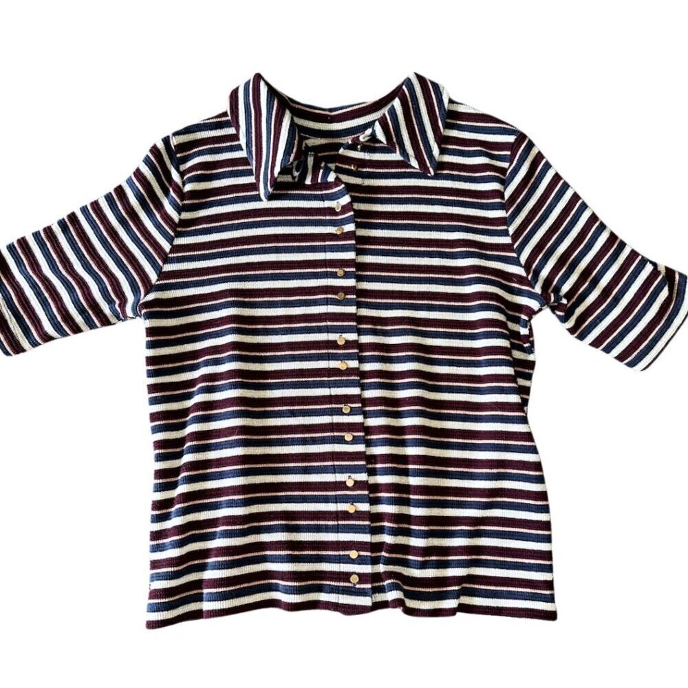 Gray burgundy navy VILA striped vintage button down tee - Picture 2 of 16